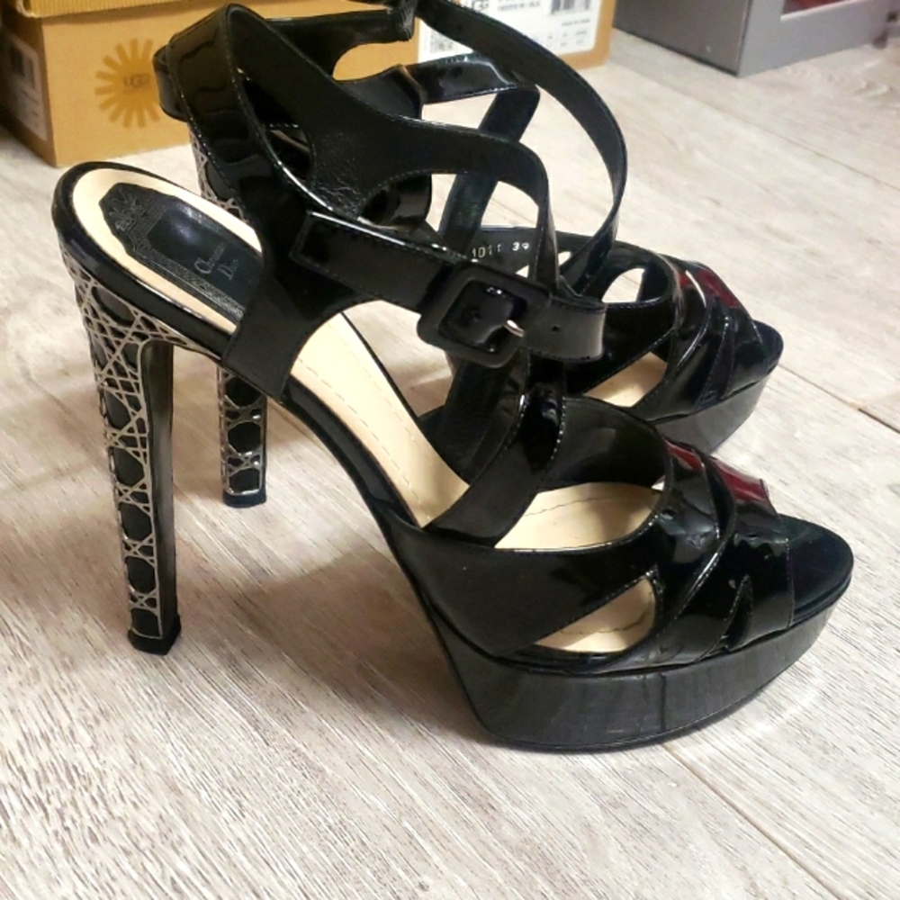 Christian Dior Patent Leather Cannage Heel Platform Sandals 39 EU
